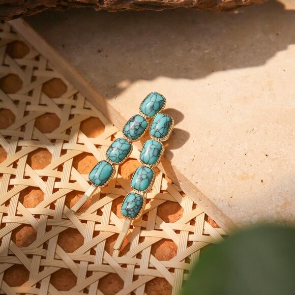 Retro Beads Created Turquoise Hairpins Set of 2 Women's Hair Accessories Bohemia - Picture 4 of 7